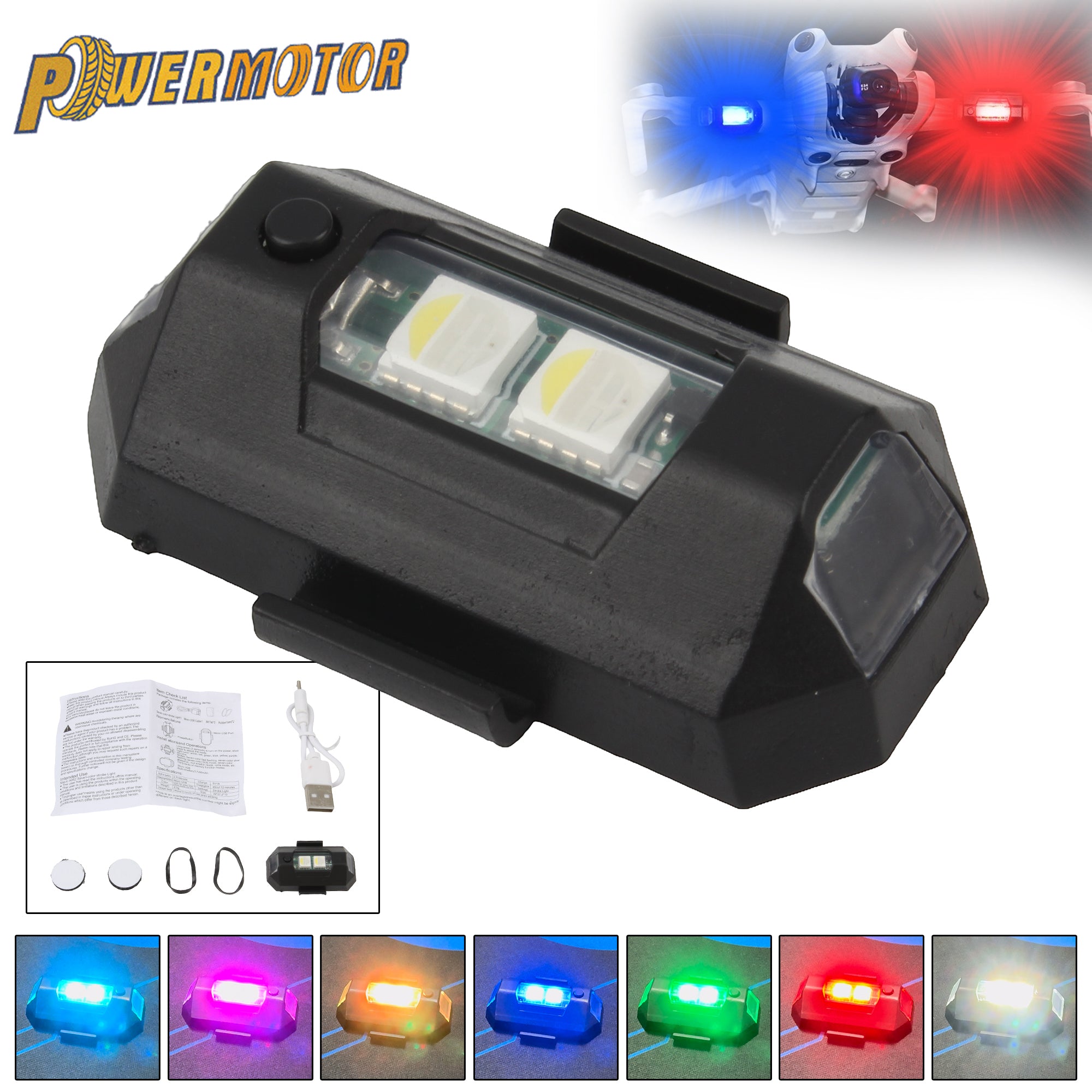 Powermotor Universal Motorbike Mini Flashing Warning Signal Light USB LED Anti-Collision Aircraft Night Drone Strobe Light