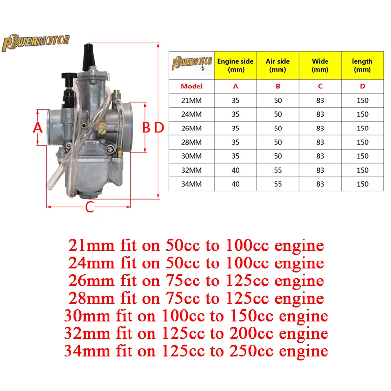 2T 4T Motorcycle Carburador Koso 34mm Carburetor Pwk 21 24 26 28 30 32mm Aluminum Sliver Zama Carburetor Pit Bike Carburetor