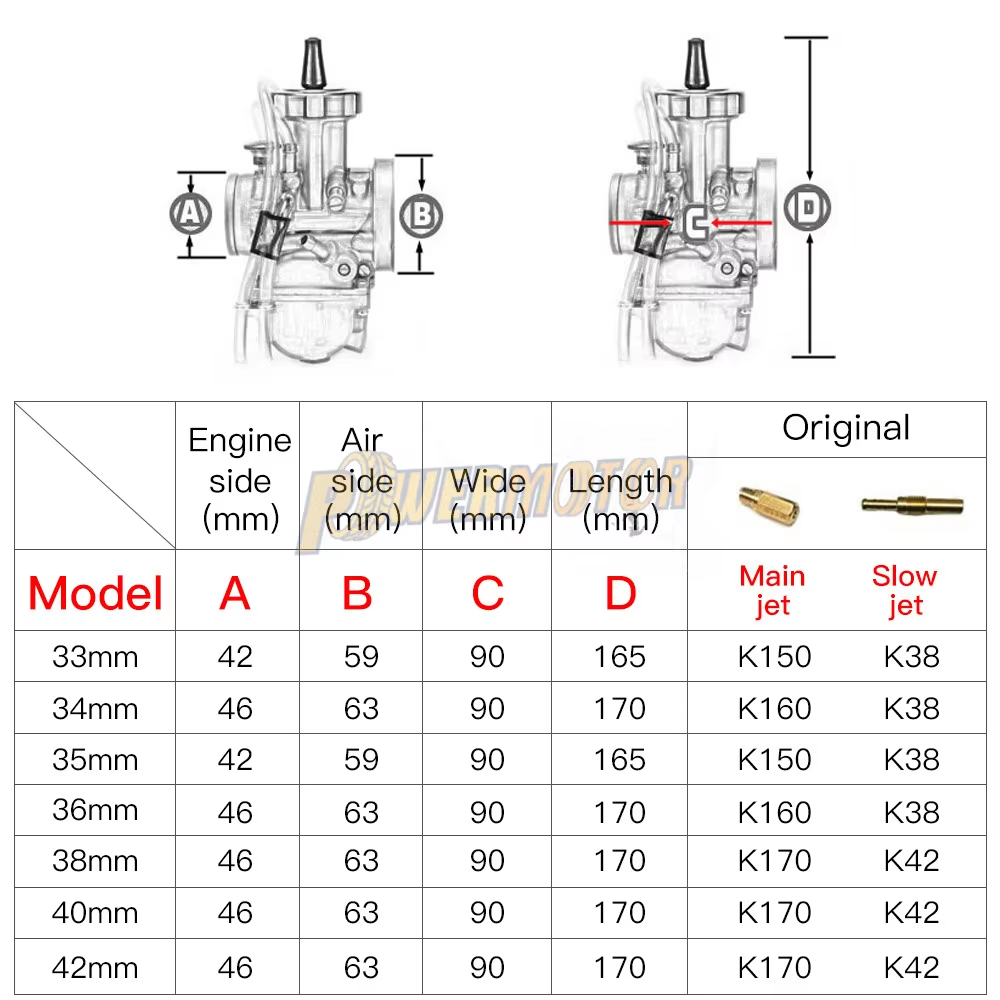 Motorcycle For PWK Carburetor Racing Parts 2T 4T Engine Dirt Bike Scooter ATV Quad UTV Power Carburetor 33 34 35 36 38 40 42mmCE